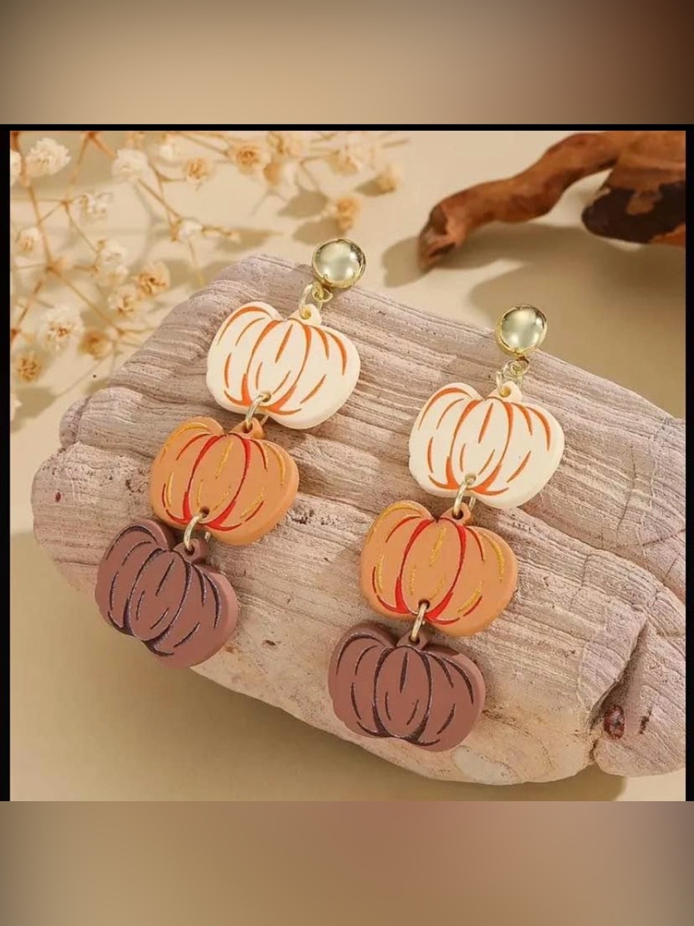 Triple Pumpkin Drop Earrings in White, Orange & Brown